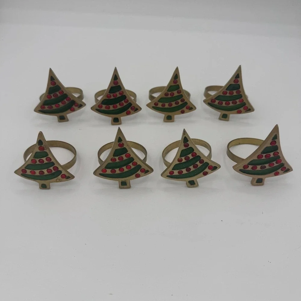 Vintage Brass Christmas Tree Napkin Rings Set of 8 Red Rhinestone Green Enamel